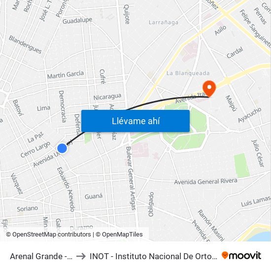 Arenal Grande - Av Uruguay to INOT - Instituto Nacional De Ortopedia Y  Traumatologia map