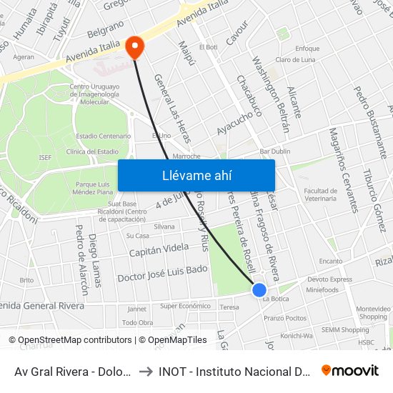 Av Gral Rivera - Dolores Pereira De Rossell to INOT - Instituto Nacional De Ortopedia Y  Traumatologia map