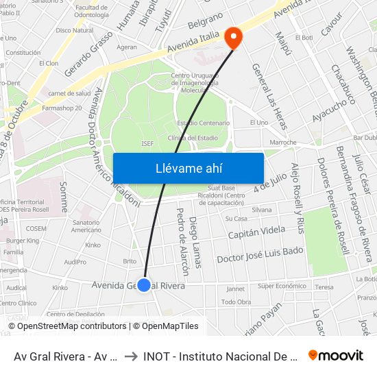 Av Gral Rivera - Av Dr Francisco Soca to INOT - Instituto Nacional De Ortopedia Y  Traumatologia map