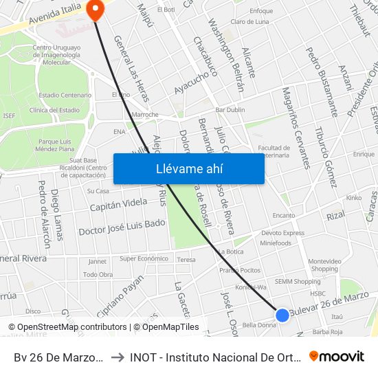 Bv 26 De Marzo Y Julio Cesar to INOT - Instituto Nacional De Ortopedia Y  Traumatologia map