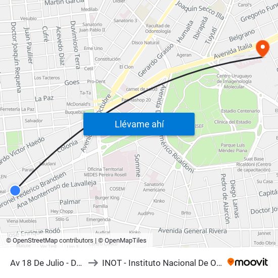 Av 18 De Julio - Dr Pablo De Maria to INOT - Instituto Nacional De Ortopedia Y  Traumatologia map