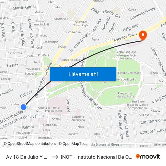 Av 18 De Julio Y Alejandro Beisso to INOT - Instituto Nacional De Ortopedia Y  Traumatologia map