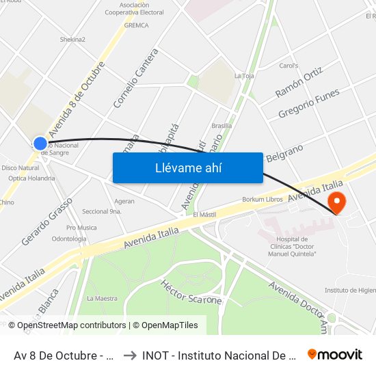 Av 8 De Octubre - Av Dr Manuel Albo to INOT - Instituto Nacional De Ortopedia Y  Traumatologia map