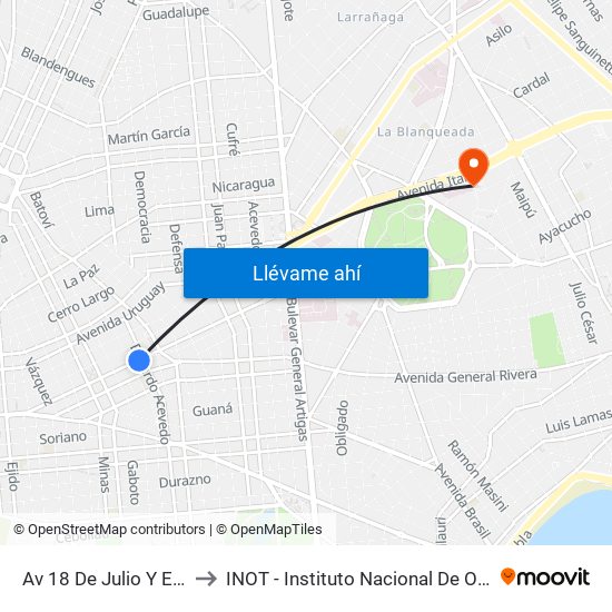 Av 18 De Julio Y Eduardo Acevedo to INOT - Instituto Nacional De Ortopedia Y  Traumatologia map