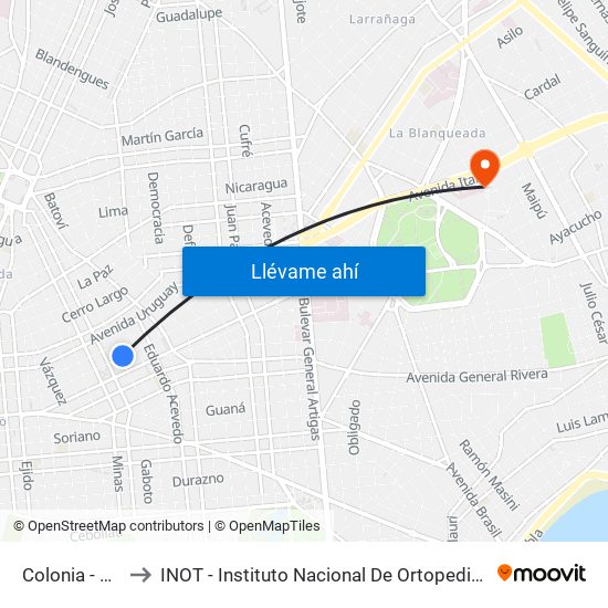 Colonia - Gaboto to INOT - Instituto Nacional De Ortopedia Y  Traumatologia map