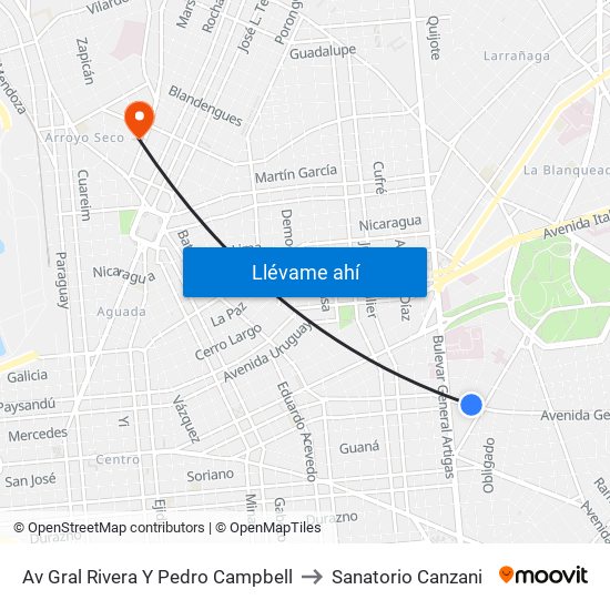 Av Gral Rivera Y Pedro Campbell to Sanatorio Canzani map