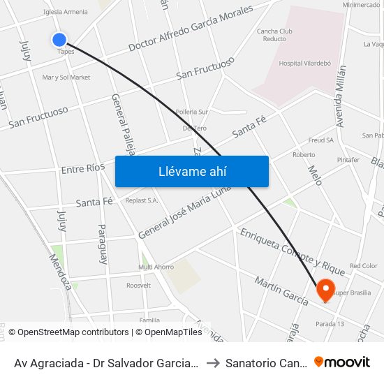 Av Agraciada - Dr Salvador Garcia Pintos to Sanatorio Canzani map