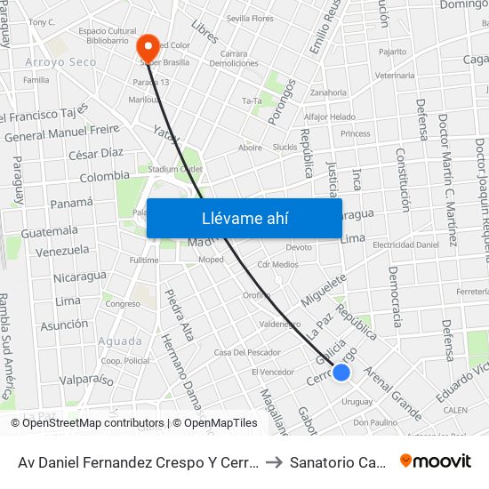 Av Daniel Fernandez Crespo Y Cerro Largo to Sanatorio Canzani map