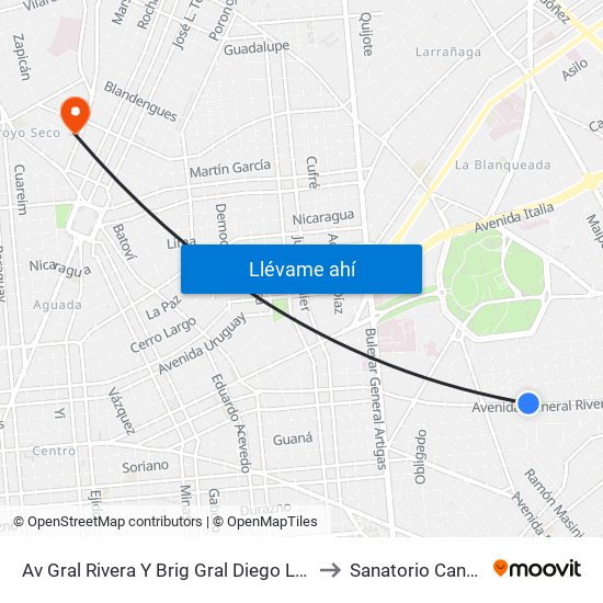 Av Gral Rivera Y Brig Gral Diego Lamas to Sanatorio Canzani map