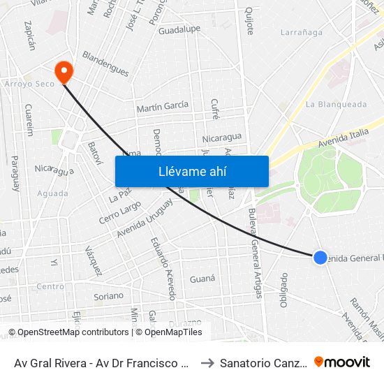 Av Gral Rivera - Av Dr Francisco Soca to Sanatorio Canzani map