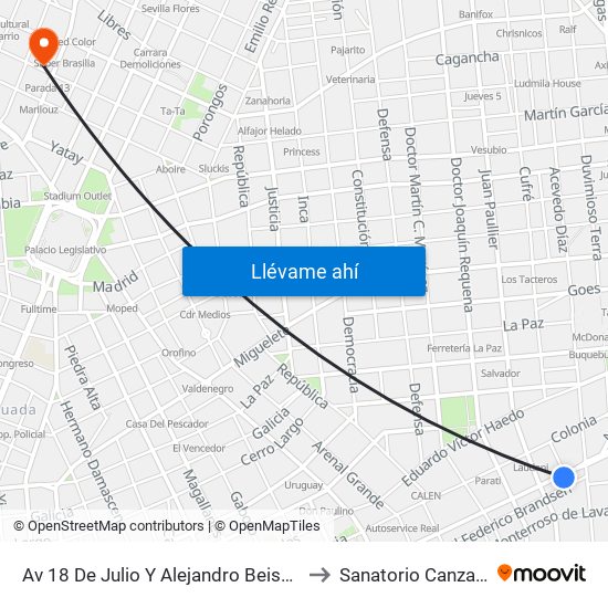 Av 18 De Julio Y Alejandro Beisso to Sanatorio Canzani map