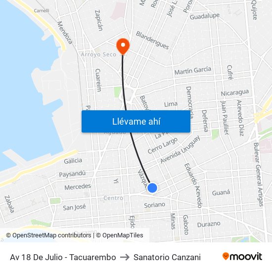 Av 18 De Julio - Tacuarembo to Sanatorio Canzani map