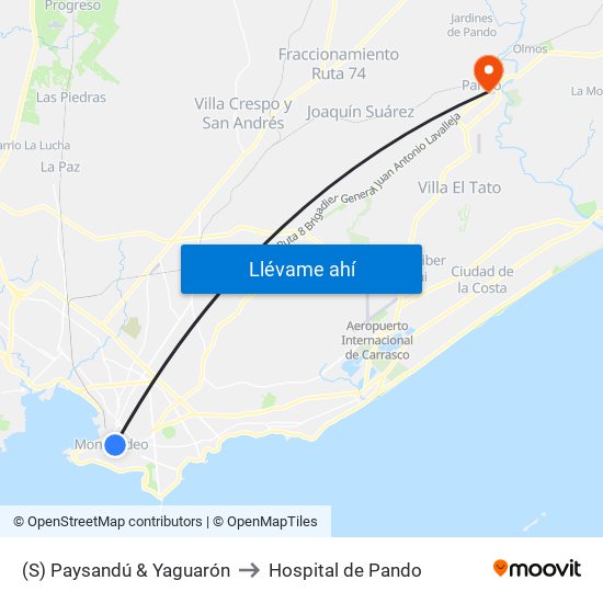 (S) Paysandú & Yaguarón to Hospital de Pando map