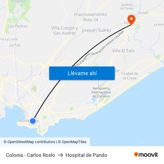 Colonia - Carlos Roxlo to Hospital de Pando map