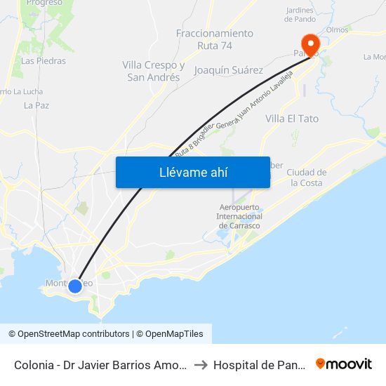 Colonia - Dr Javier Barrios Amorin to Hospital de Pando map