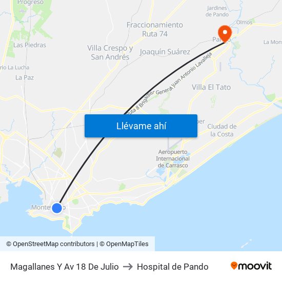 Magallanes Y Av 18 De Julio to Hospital de Pando map
