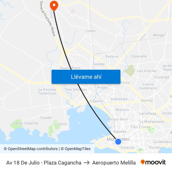 Av 18 De Julio - Plaza Cagancha to Aeropuerto Melilla map