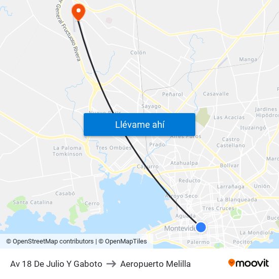 Av 18 De Julio Y Gaboto to Aeropuerto Melilla map
