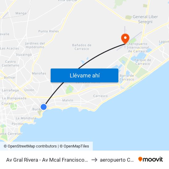 Av Gral Rivera - Av Mcal Francisco Solano Lopez to aeropuerto Carrasco map