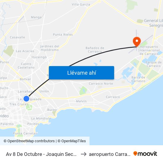 Av 8 De Octubre - Joaquin Secco Illa to aeropuerto Carrasco map