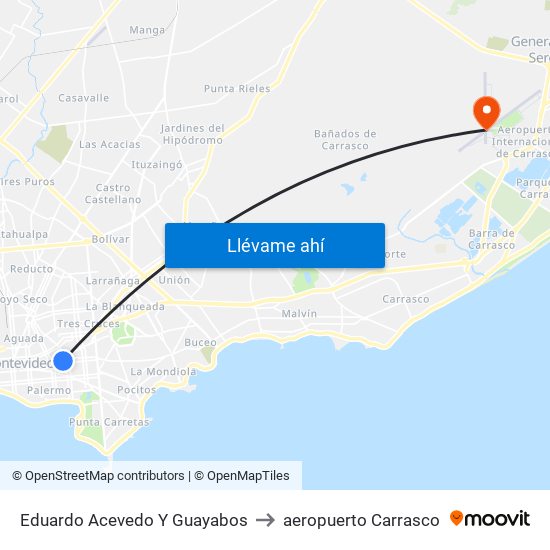 Eduardo Acevedo Y Guayabos to aeropuerto Carrasco map