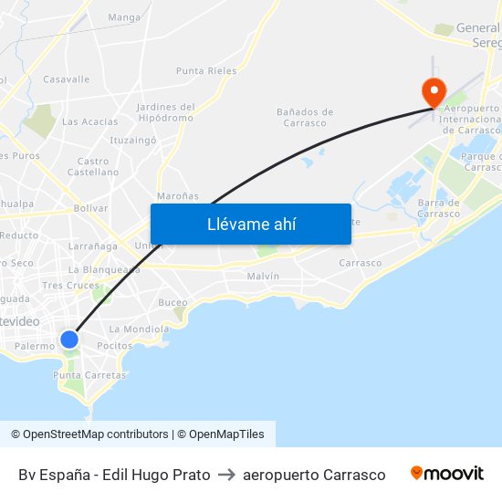 Bv España - Edil Hugo Prato to aeropuerto Carrasco map