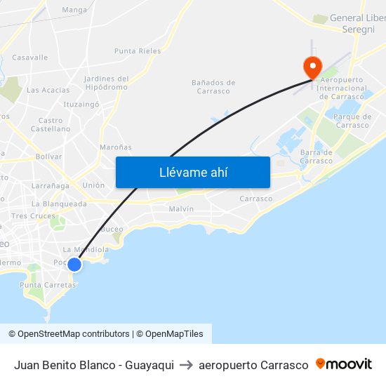 Juan Benito Blanco - Guayaqui to aeropuerto Carrasco map