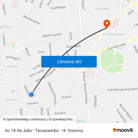 Av 18 De Julio - Tacuarembo to Gremca map