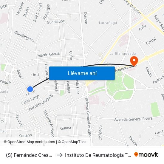 (S) Fernández Crespo & Miguelete to Instituto De Reumatología ""Dr. Moisés Mizraji"" map