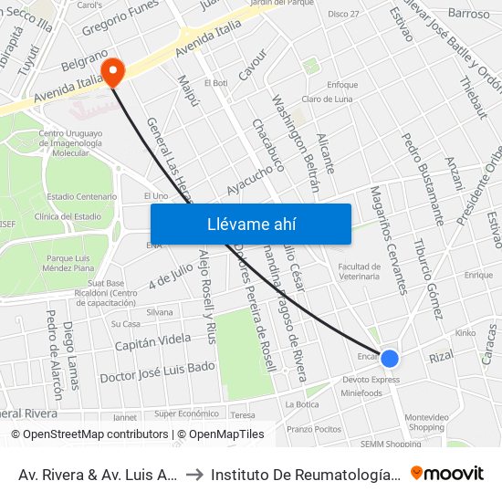 Av. Rivera & Av. Luis Alberto De Herrera to Instituto De Reumatología ""Dr. Moisés Mizraji"" map