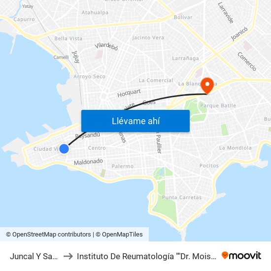 Juncal Y Sarandi to Instituto De Reumatología ""Dr. Moisés Mizraji"" map