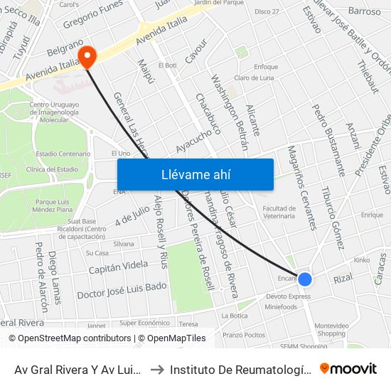 Av Gral Rivera Y Av Luis Alberto De Herrera to Instituto De Reumatología ""Dr. Moisés Mizraji"" map