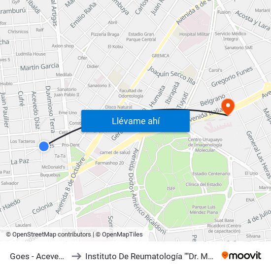 Goes - Acevedo Diaz to Instituto De Reumatología ""Dr. Moisés Mizraji"" map