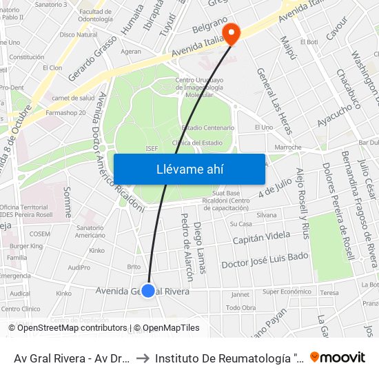 Av Gral Rivera - Av Dr Francisco Soca to Instituto De Reumatología ""Dr. Moisés Mizraji"" map