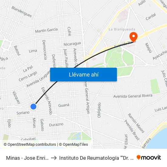 Minas - Jose Enrique Rodo to Instituto De Reumatología ""Dr. Moisés Mizraji"" map