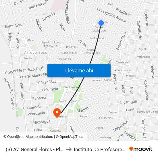 (S) Av. General Flores - Plaza Goes to Instituto De Profesores Artigas map