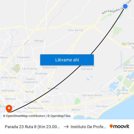 Parada 23 Ruta 8 (Km 23.000 Esq. Los Aromos) to Instituto De Profesores Artigas map