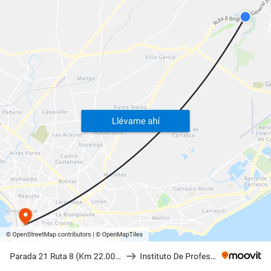 Parada 21 Ruta 8 (Km 22.000 Arroyo Toledo) to Instituto De Profesores Artigas map