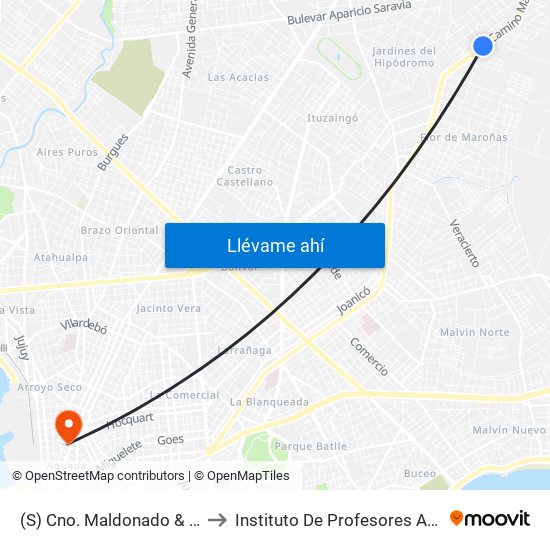 (S) Cno. Maldonado & Turín to Instituto De Profesores Artigas map