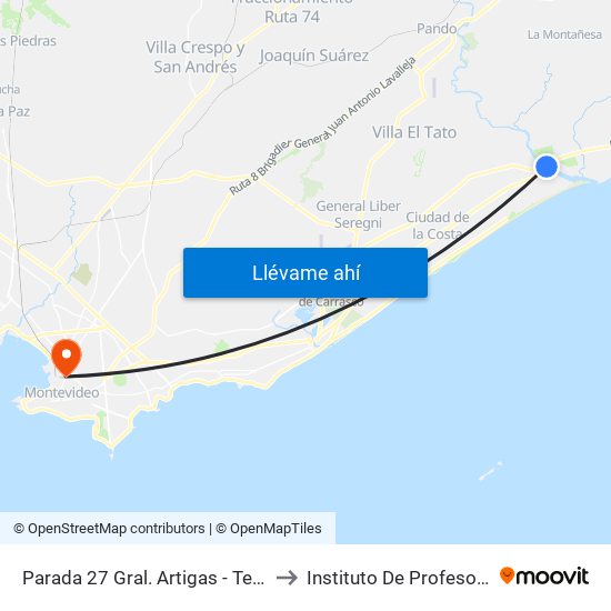 Parada 27 Gral. Artigas - Terminal El Pinar to Instituto De Profesores Artigas map