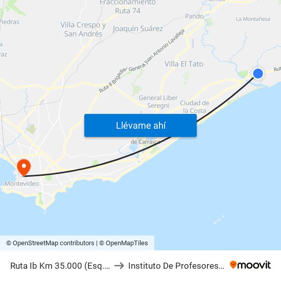 Ruta Ib Km 35.000 (Esq. Venus) to Instituto De Profesores Artigas map