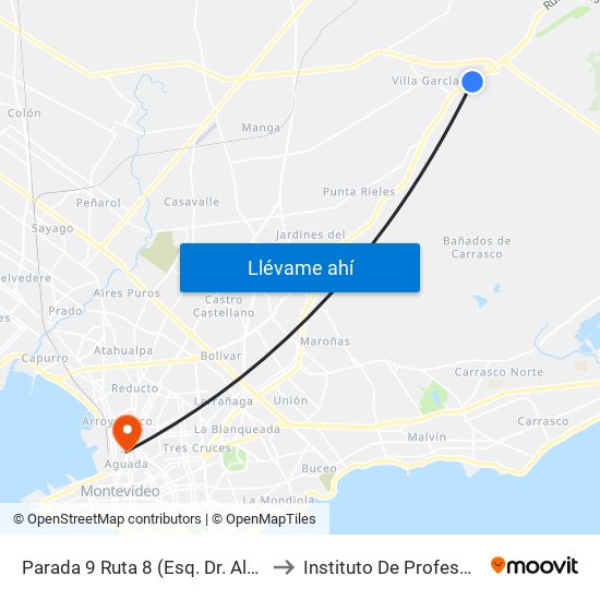 Parada 9 Ruta 8 (Esq. Dr. Alonzo González) to Instituto De Profesores Artigas map