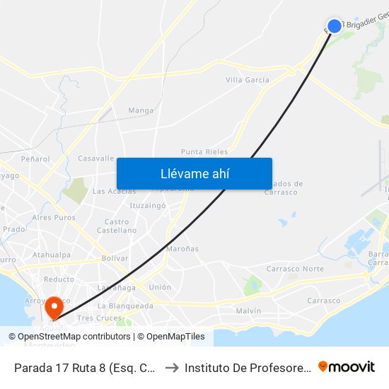 Parada 17 Ruta 8 (Esq. Cno. Helios) to Instituto De Profesores Artigas map