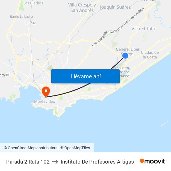 Parada 2 Ruta 102 to Instituto De Profesores Artigas map