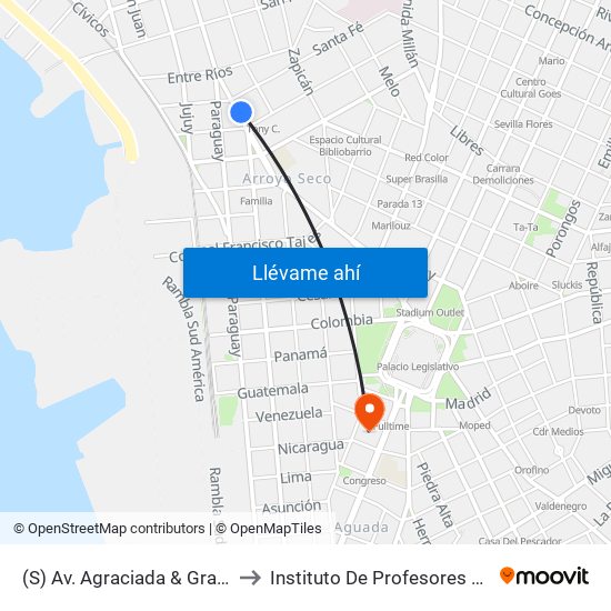(S) Av. Agraciada & Gral. Luna to Instituto De Profesores Artigas map