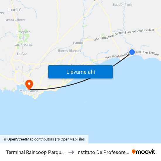 Terminal Raincoop Parque Del Plata to Instituto De Profesores Artigas map