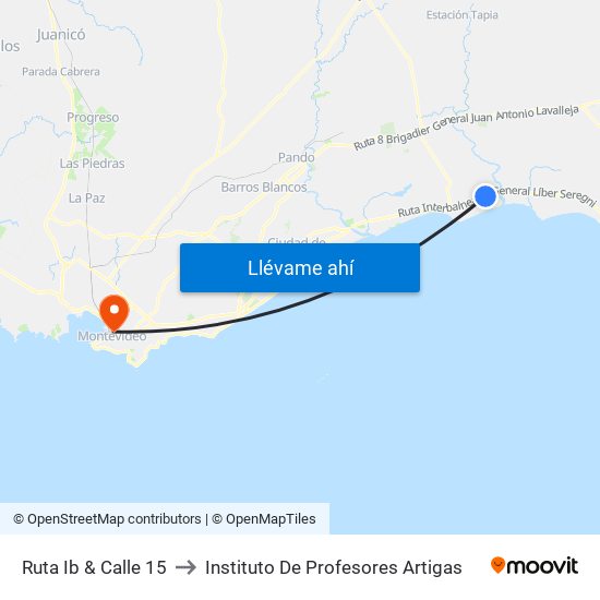 Ruta Ib & Calle 15 to Instituto De Profesores Artigas map