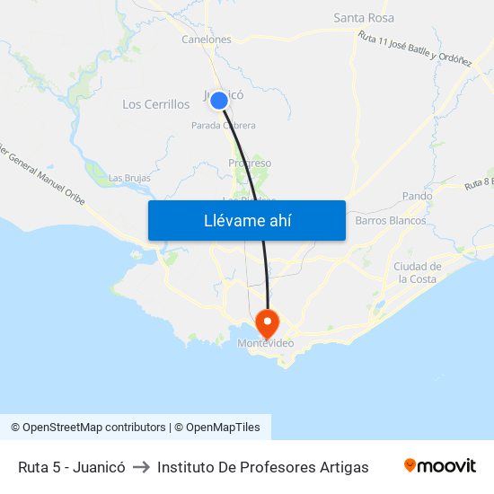 Ruta 5 - Juanicó to Instituto De Profesores Artigas map
