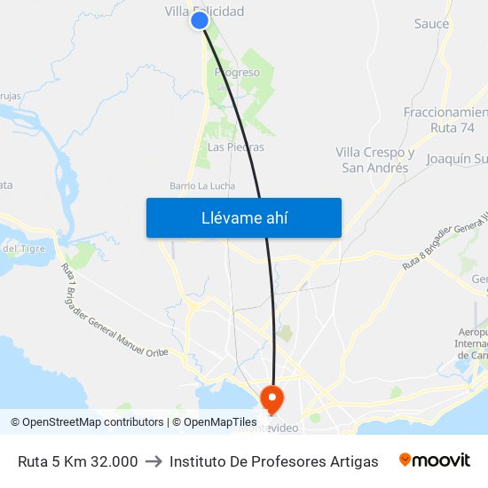 Ruta 5 Km 32.000 to Instituto De Profesores Artigas map