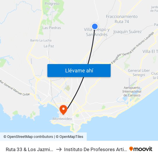 Ruta 33 & Los Jazmines to Instituto De Profesores Artigas map